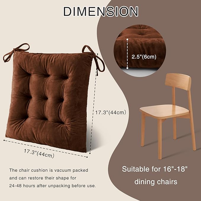 OVOV 2 Pack Chair Cushions for Dining Chairs Soft Seat Cushions for Kitchen Desk Chairs Square Chair Pads with Ties (15.5"x15.5" Coffee)