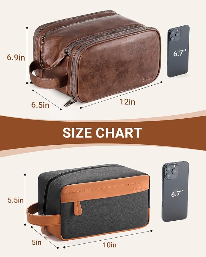 Elviros Travel Toiletry Bag Gift for Men，Mens Toiletries Bag Gifts Set Shaving Dopp Kit Water-resistant Bathroom Toiletries Organizer PU Leather Cosmetic Bags 2 Pack Dark Brown and Brown