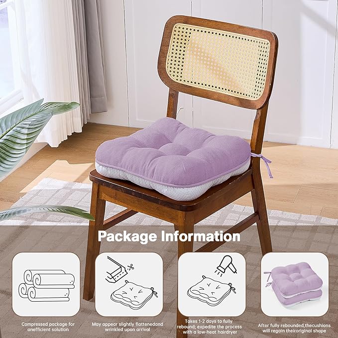 BETU Chair Cushions for Dining Chairs Set of 6,3.5" Thick Kitchen Table Chair Pads with Ties,Non Slip Backing and Covers, Seat Cushion for Dining Room,Bar,Patio Chairs,16"X16"X3.5",Purple