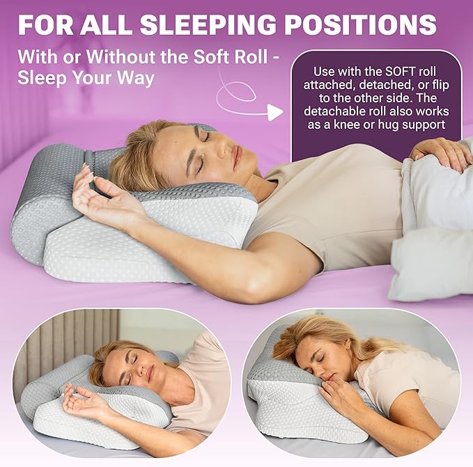 3-in-1 Orthopedic Pillow, Cervical Neck Pillow for Sleeping, Adjustable Height Memory Foam Neck Pillow and Detachable Roll, Contour Pillow for Neck Pain Relief for All Sleeping Positions (Gray)