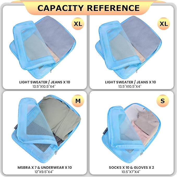 4 Set Ultralight Compression Packing Cubes Travel for Suitcases ，Compressible Mesh Packing Cubes for Travel Women Packing Organizers (Blue)