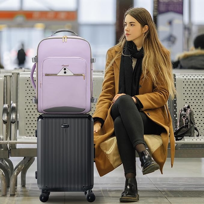 LOVEVOOK 40L Large Travel Backpack for Women Men, 17 Inch Carry on Backpack for Traveling on Airplane, Personal Item Travel Bag Airline Approved, Business Causal Weekender Backpack, Light Purple-Grey