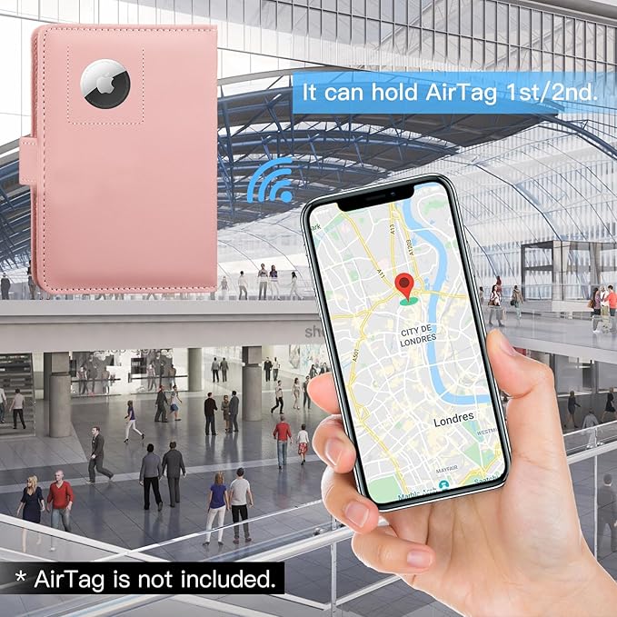 GOAUS Passport Holder for Travel with AirTag Slot Cards Cash Pocket, Faux Leather Travle Wallet Gifts for Women Men RFID Blocking Book Case Pink, AirTag Not Included
