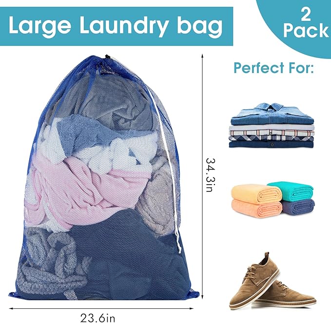 2 Pack Mesh Laundry Bags, 23 x 34 Inches Heavy Duty Mesh Laundry Bag, Large Laundry Drawstring Bag for College, Dorm, Travel, Family and Apartment Dwellers, Blue