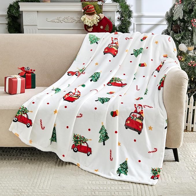 Christmas Blanket - White Holiday Throw with Santa Claus & Snowman - Warm Cozy Fleece Winter Blanket, 60x80 Inches，White