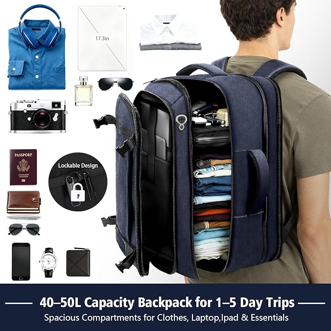 Flight Approved Travel Backpack with LifetimeWarranty,Expandable Carry on Backpack 40-50L with USB Cable Port,Fits 17.3"Laptop,Flight TSA friendly,Anti Theft Laptop Backpack Travel,Commuting,Blue