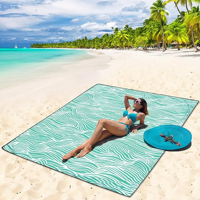 Beach Blanket Sandproof Extra Large Beach Mat Adults Waterproof Quick Drying Sand Free Mat Made by Premium Polyester with 4 Stakes & 4 Corner Pockets for Outdoor Travel Camping Hiking