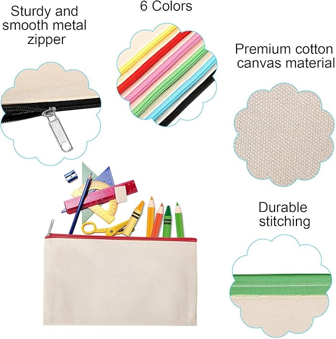 12 Pieces Cotton Canvas Makeup Bag, Multipurpose Cosmetic Bag with Zipper Travel Toiletry Pouch, Blank DIY Craft Bag (Beige, L)