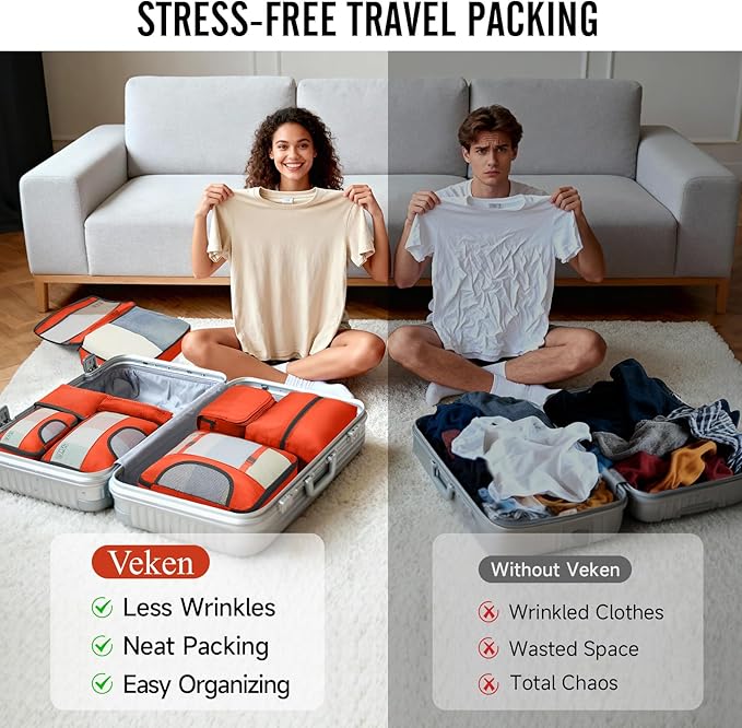 Veken 8 Set Packing Cubes for Travel Essentials, Suitcase Organizer Bags in 4 Sizes, Carry-On Luggage Accessories with Large Laundry & Hanging Toiletry Bag, Must-Have for Airplane, Road Trip & Camping