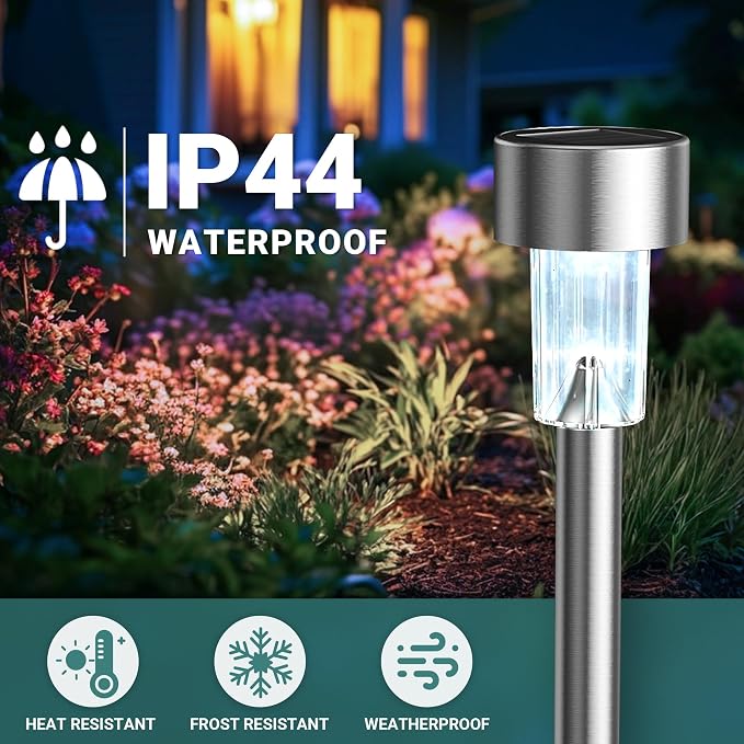 GIGALUMI Outdoor Waterproof Solar Garden Lights, 12 Pack Cold White | Stainless Steel LED, Ideal for Patio Lawn Yard Landscape, Durable Decorative Lighting
