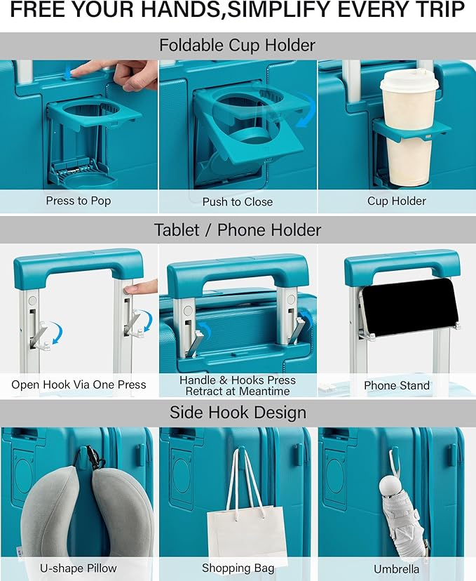 Hanke 20 Inch Expandable Carry On Luggage with Cup Holder 22x14x9 Airline Approved, Top Opening Hard Shell Suitcases with Wheels, Carry-On Travel Suitcase Trunk Luggage with Lock, Caribbean Blue