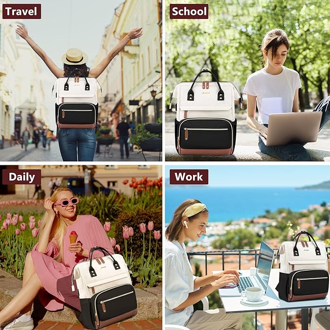 Focdod Laptop Backpack for Women, 17 Inch Work Business Backpacks Purse with USB Port, Large Capacity Doctor Nurse Bag Backbag, Waterproof Casual Daypack for Travel,Black-White-Brown