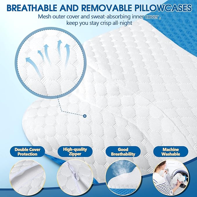 Memory Foam Pillows, Cervical Pillow for Neck and Shoulder Pain Relief, Ergonomic Contour Bed Pillow, Soft for Side Sleep Stomach Sleeping and Back Sleeper-Queen Size&Blue