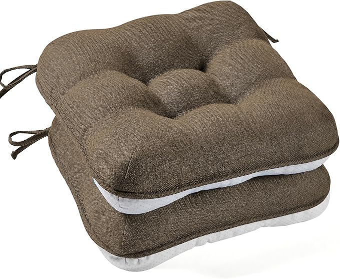 BETU Chair Cushions for Dining Chairs Set of 2,3.5" Thick Kitchen Table Chair Pads with Ties,Non Slip Backing and Covers, Seat Cushion for Dining Room,Bar,Patio Chairs,16"X16"X3.5",Brown