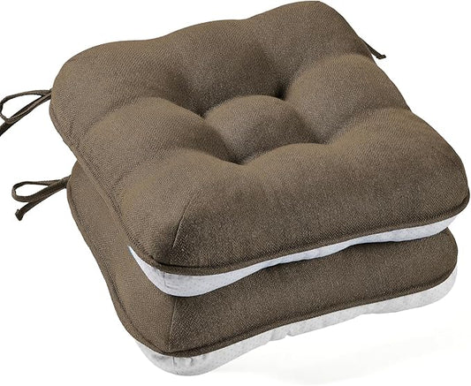 BETU Chair Cushions for Dining Chairs Set of 2,3.5" Thick Kitchen Table Chair Pads with Ties,Non Slip Backing and Covers, Seat Cushion for Dining Room,Bar,Patio Chairs,16"X16"X3.5",Brown