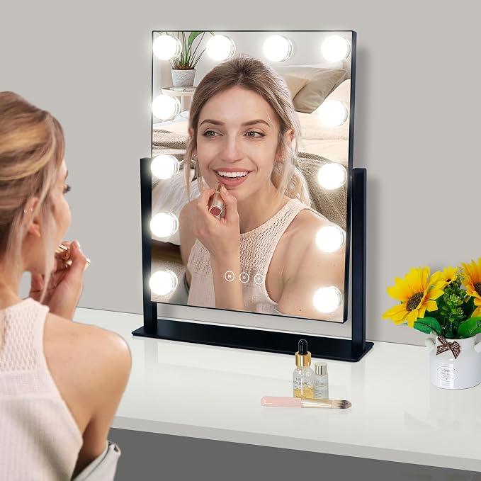 Vanity Mirror with Lights,Lighted Vanity Mirror with 12 Dimmable Bulbs for Dressing Room & Bedroom,3 Color Lighting,Modes Detachable 10x Magnification 360°Ratation