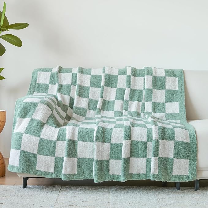 Checkered Blanket, Cozy Soft Throw Blankets for Couch Bed, Fluffy Plaid Lightweight Comfy Travel Picnic Blanket Gifts for Sofa Chair Living Room Camping (Sage Green, Twin 60"x80")
