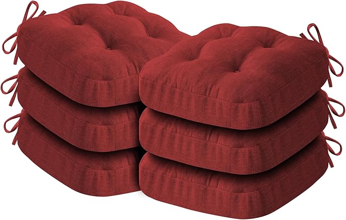 Chair Cushions for Dining Chairs, Dining Chair Cushions, Tufted Indoor Chair Pads with Ties & Non Slip Backing, Seat Cushions for Kitchen Chairs 16.5” x 16.5” x 3.5”, Set of 6, Red