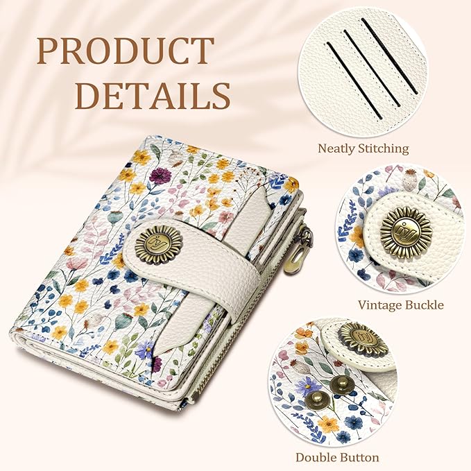 Icycay Floral Flowers Small Wallet Women RFID Blocking Bifold, Credit Card Holder, Zipper Coin Pocket, PU Leather, Compact, Travel, 4 ID Window, 14 Card Slots, Cash Purse, Ladies Woman Female Girls