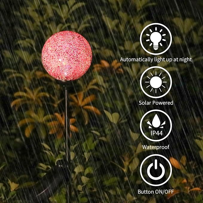 VCUTEKA Decorative Solar Garden Lights, 3.5" Mosaic Globe Outdoor Stake | Mosaic Glass Globe Design, Solar LED Light, Waterproof Design, Auto On/Off and Metal Stake Design for Lawn and Patio