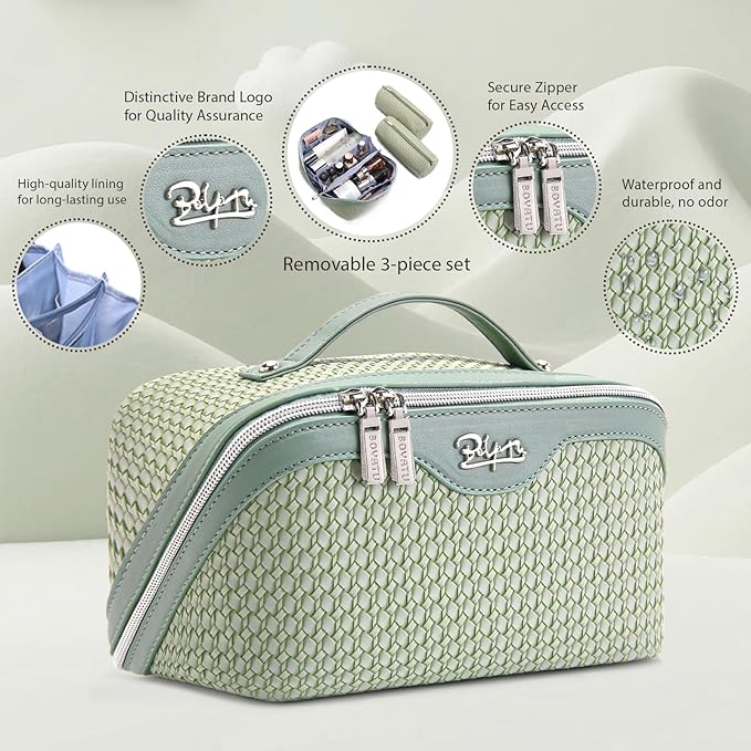 BOYATU Travel Makeup Bags for Women: Large Capacity Make up Bag with Wide Opening - 3 Pcs Set Waterproof Travel Toiletry Organizer for Full-Sized Bottles, Cosmetics & Brushes (Light Green-W)