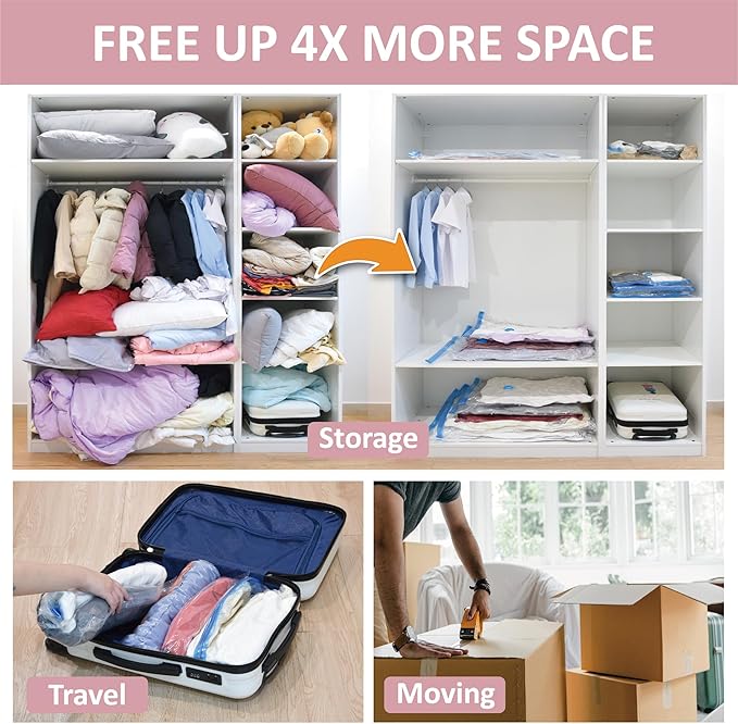 Cozy Essential Vacuum Storage Bags, 80% Compression Vacuum Seal Space Saver Plastic Packaging Bags for Clothes, Blankets, Pillow, Bedding, Comforters, Sealer Clothing Storage,6 XXL Jumbo