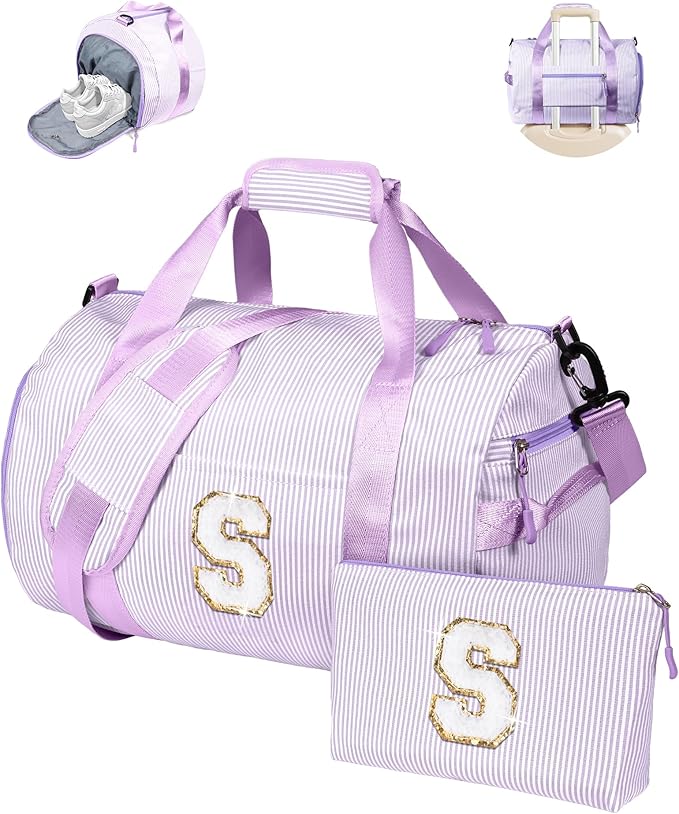 Birthday Gift for Grandkids, Girls Travel Duffle Bag, Kids Initial Overnight Duffel Bags with Shoe Compartment, Personalized Dance Bag with Cosmetic Pouch, Teenager Girl Gift Idea (Letter S)