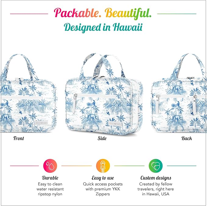 Eco Sun Hanging Travel Toiletry Bag — Designed in Hawaii — Water-resistant Travel Organizer for Bathroom Accessories (Baby Blue Safari)