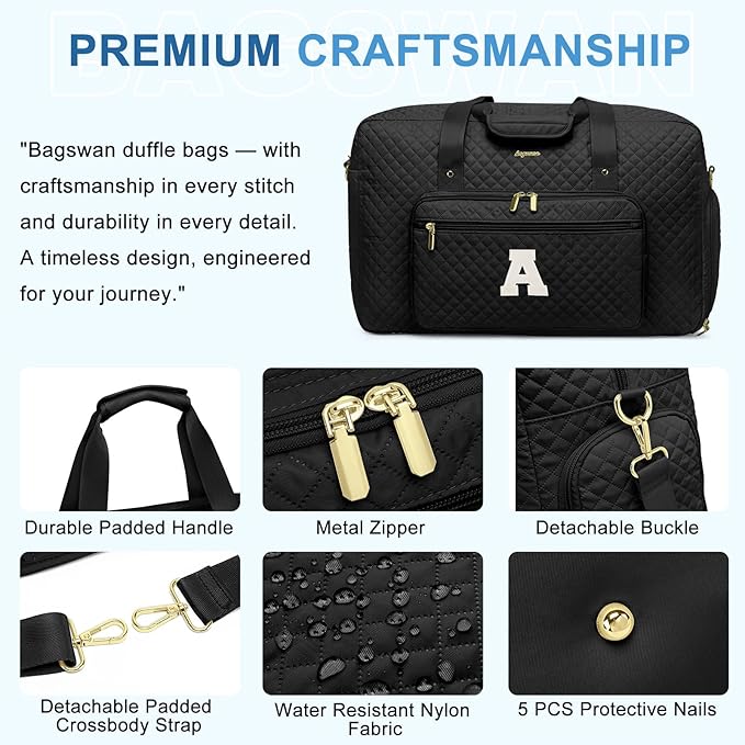 Initial Travel Duffle Bags for Women - Personalized Weekender Bag with Shoe Compartment Overnight Bags with Toiletry Bag Hospital Bag for Women Birthday Gifts for Mom Wife Friends Black (Letter A)