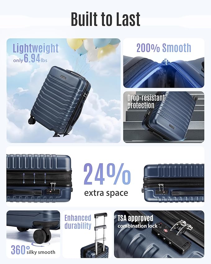 LIGHT FLIGHT Expandable Carry On Luggage 22x14x9 Airline Approved with Double Spinner Wheels, 20 Inch Lightweight Hard Shell Rolling Suitcases with TSA Lock, Dark Blue