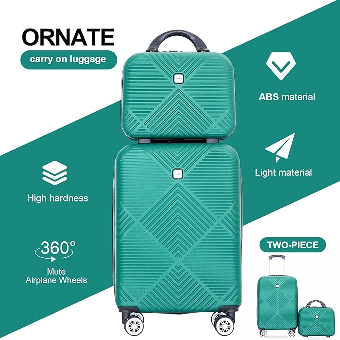 Tripcomp 2 Piece Carry on Luggage Set, Airline Approved 20 Inch Luggage with Cosmetic Case HardShell Suitcase with Spinner Wheels, Lightweight Durable Hardside Suitcases Set, Dark Green