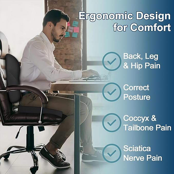 Cushion and Lumbar Support Pillow, Relief Pressure Seat Cusion for Office Chairs & Car Seat, Ergonomic Design Cusion for Tailbone Pain Relief, Sciatica & Back Support