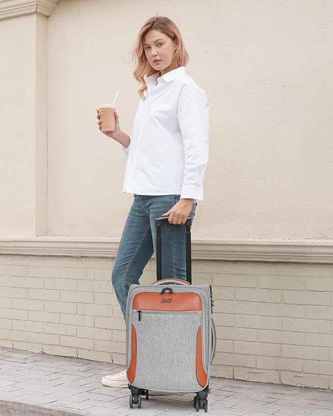 Carry On Luggage 22x14x9 Airline Approved, 20 Inch Softside Suitcase with 4 Pcs, Lightweight Luggage for Women Men with TSA Lock and 4 Spinner Wheels, Soft Side Carry-on Suitcases for Travel, Grey