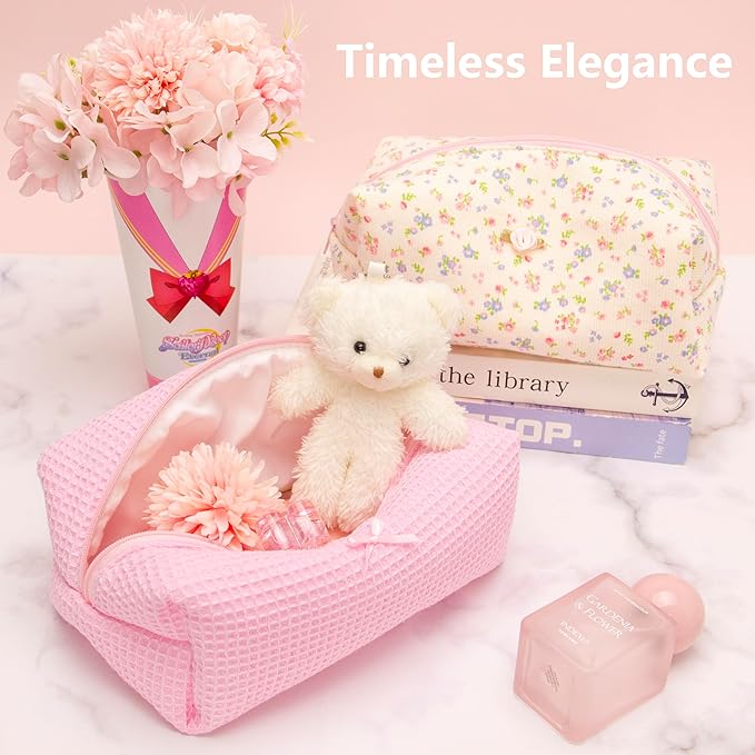 PAZIMIIK 2PCS Cozy Makeup Bag Travel Cosmetic Bag for Women Soft Toiletry Bag Aesthetic Makeup Organizer Portable Large Zipper Pouch for Skincare Beauty Accessories Brushes Walffle Check Pink