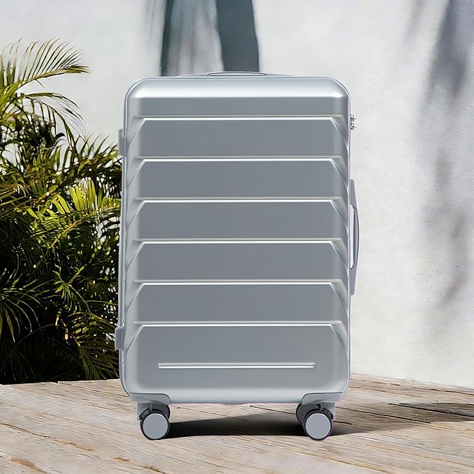 28 Inch Checked-Large Luggage, Lightweight ABS Hard Shell Suitcase with Spinner Wheels, Expandable Travel Luggage with Combination Lock & Side Hooks for Men Women (Silver, 28)