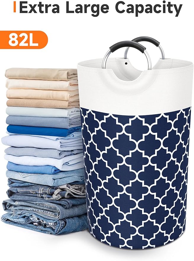 Large Laundry Basket Laundry Hamper Bag Washing Bin Clothes Bag Collapsible Tall with Handles Waterproof Travel Bathroom College Essentials Storage for College Dorm, Family (Blue) 82L