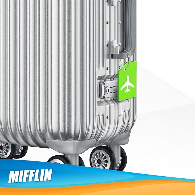 Mifflin-USA Silicone Luggage Tags (Green, 2 Pack) with Plane Embedded Design & Name ID Card; Bright Colors to Quickly Find Your Bag
