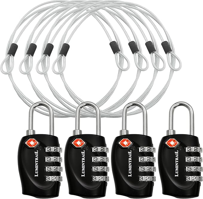 Lumintrail TSA Approved Locks, 4 Digit Combination Luggage Locks TSA Approved, Travel Locks for Luggage & Suitcase with 4-FT Steel Cable, Black, 4 Pack