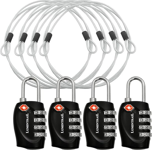 Lumintrail TSA Approved Locks, 4 Digit Combination Luggage Locks TSA Approved, Travel Locks for Luggage & Suitcase with 4-FT Steel Cable, Black, 4 Pack