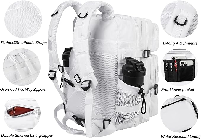 LHI Military Tactical Backpack for Men and Women 45L Army 3 Days Assault Pack Bag Large Rucksack with Molle System - White