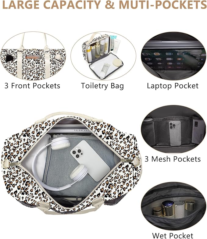Women Weekender Travel Duffle Bag: Travel Duffel Overnight Bags with Shoe Compartment Large Carry on Tote with Toiletry Bag Weekend Traveling Yoga Gym Hospital Bag for Women with Wet Pocket Leopard