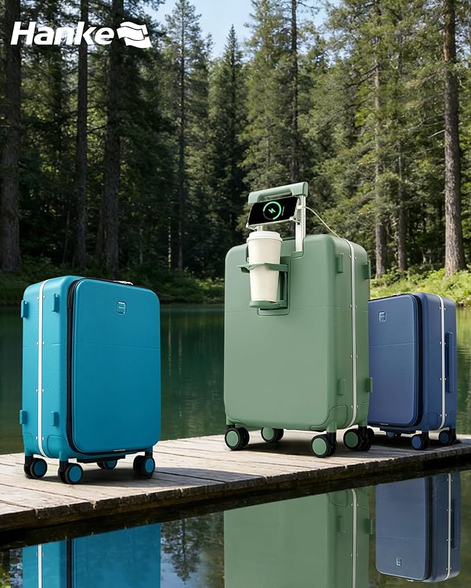 Hanke 20 Inch Top Opening Carry On Luggage, Hard Shell Suitcase with Cup Holder,USB Charging Port, Aluminum Frame with TSA Lock, 8 Spinner Wheels, Dry-Wet Separation & Removable Dividers,Forest Green