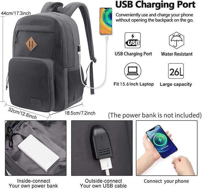 KEOFID Light Weight Travel backpack for Men and Women, Laptop Backpack for Work, Large Bag for College, Water Resistent(GRAY)
