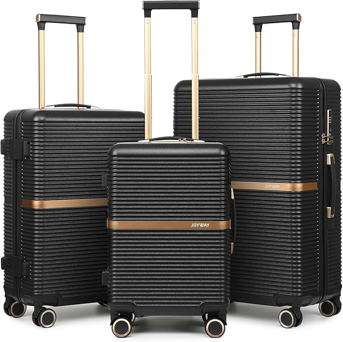 Joyway 3 Piece Luggage Set (20/24/28 Inch) – Lightweight ABS Hardshell Suitcases, Spinner Wheels, TSA Lock, Durable Travel Luggage (Black)