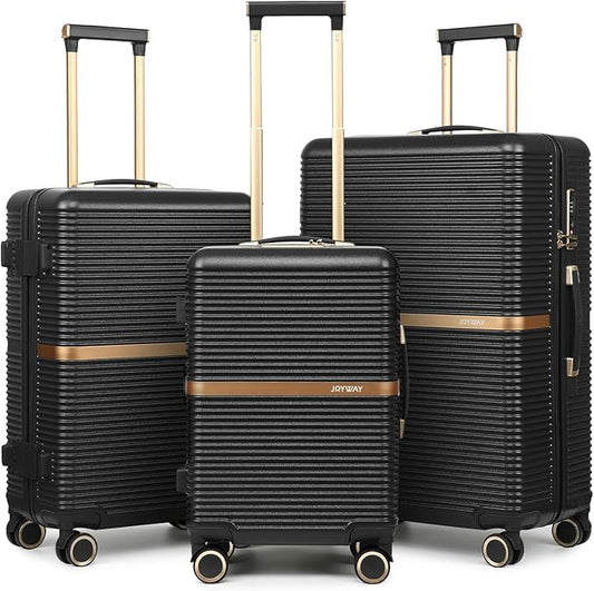 Joyway 3 Piece Luggage Set (20/24/28 Inch) – Lightweight ABS Hardshell Suitcases, Spinner Wheels, TSA Lock, Durable Travel Luggage (Black)