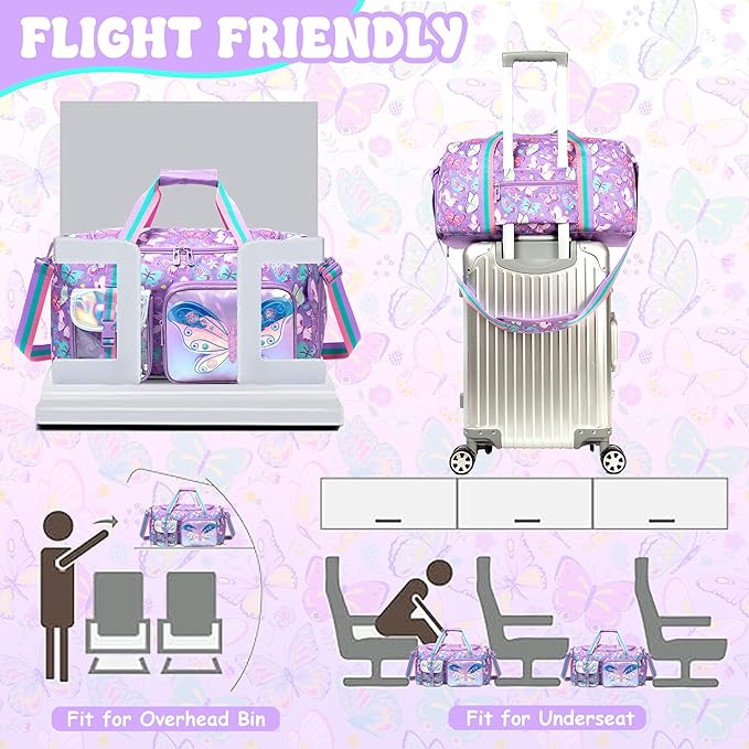 Butterfly Kids Duffle Bag Girls Travel Bag Overnight Dance Sleepover Bags for Girls Gymnastics Sports Bags for Kids with Shoe Compartment