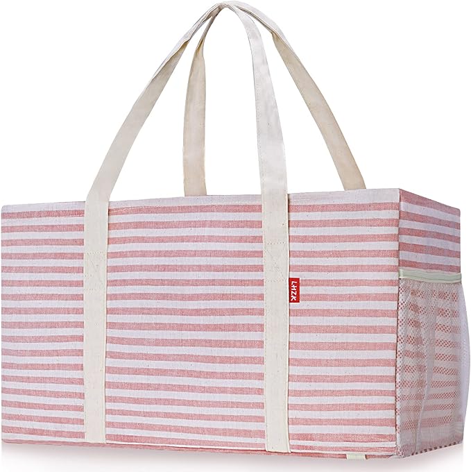 LHZK 2 Pack Extra Large Utility Tote Bag with Metal Wire Frame and the Sides Rinforced, Extra Large Tote Bag with Handle for Pool Beach Laundry Storage (Pink) | 22.5''x10.5''x12''