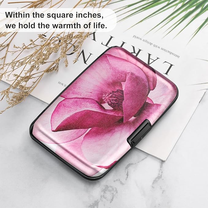 ELFISH Mini RFID Aluminum Wallet Credit Cards Holder Business Card Case Metal ID Case for Men Women(Pink Magnolia)