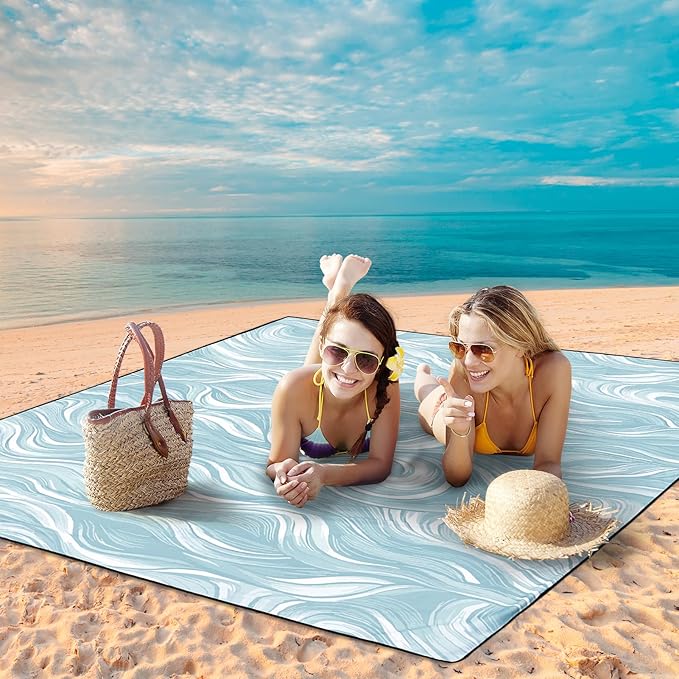 Beach Blanket Waterproof Sandproof Beach Mat for 1-8 Adults Quick Drying Durable Outdoor Picnic Mat for Beach Festival Travel Camping Hiking (Ocean Wave-Dark BL, 79"×83"(4 Person))