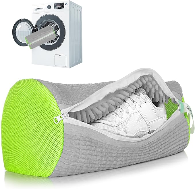 1pc Shoe Washing Machine Bag, Sneaker Laundry Bag for Washing Machine, Extra Long and Thick Microfibre Fluff, Reusable for Washer and Dryer (1pc, Greyish Green)